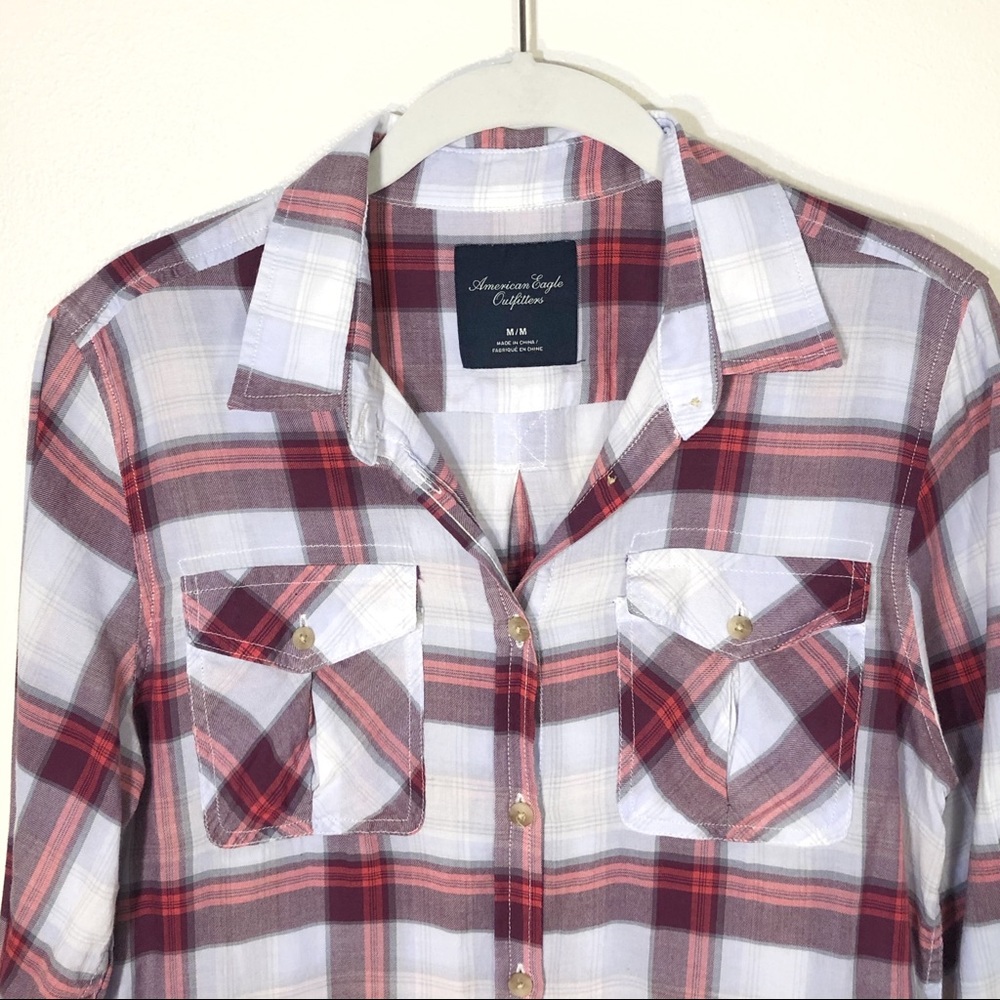 American Eagle Plaid Button Down White Red M - image 3
